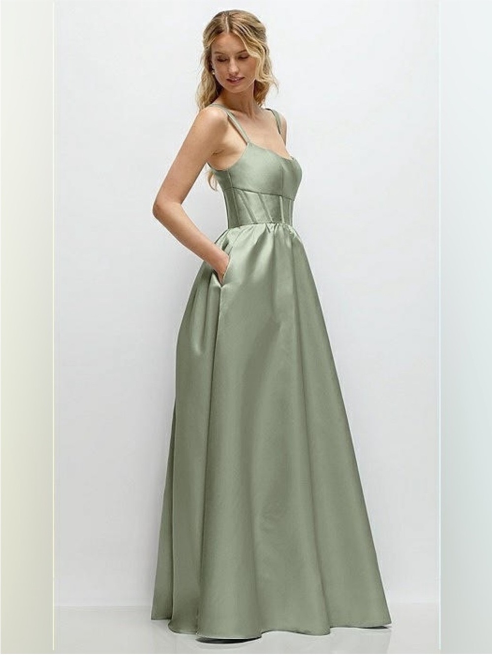 Dessy Collection Sage Green Satin Maxi Dress with Pockets